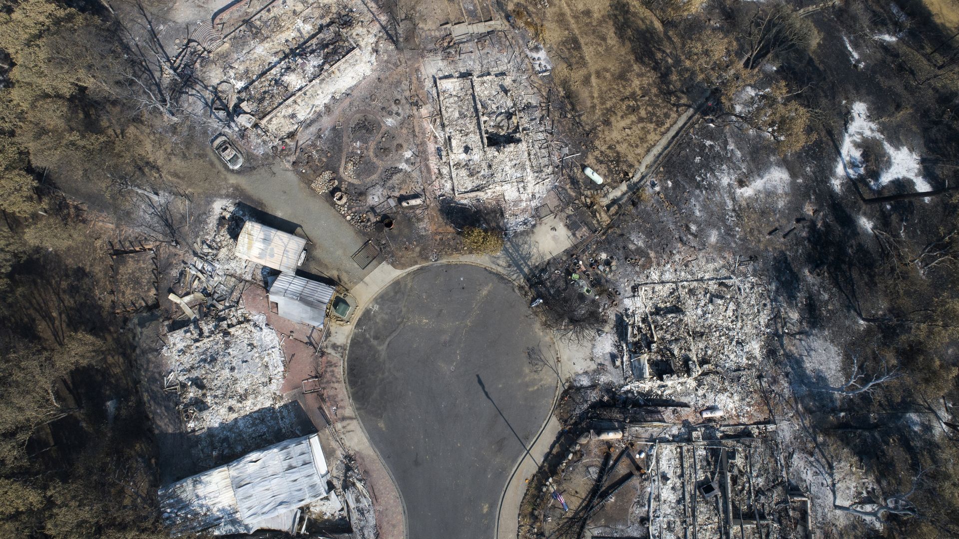 Aerial view of burnt properties in the Berryessa Highlands neighborhood of Lake Berryessa, California, on Aug. 31.
