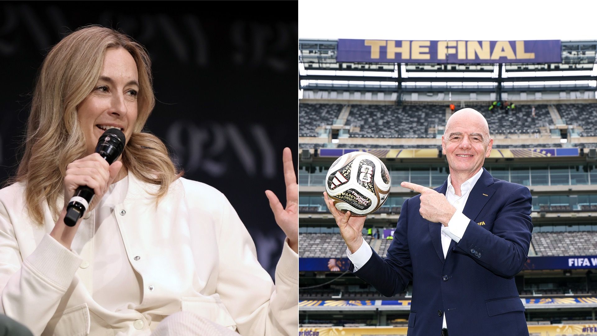 Left to right: New Jersey Gov. Mikie Sherill holding a mic in her hands; and FIFA President Gianni Infantino holding a ball in his hand.