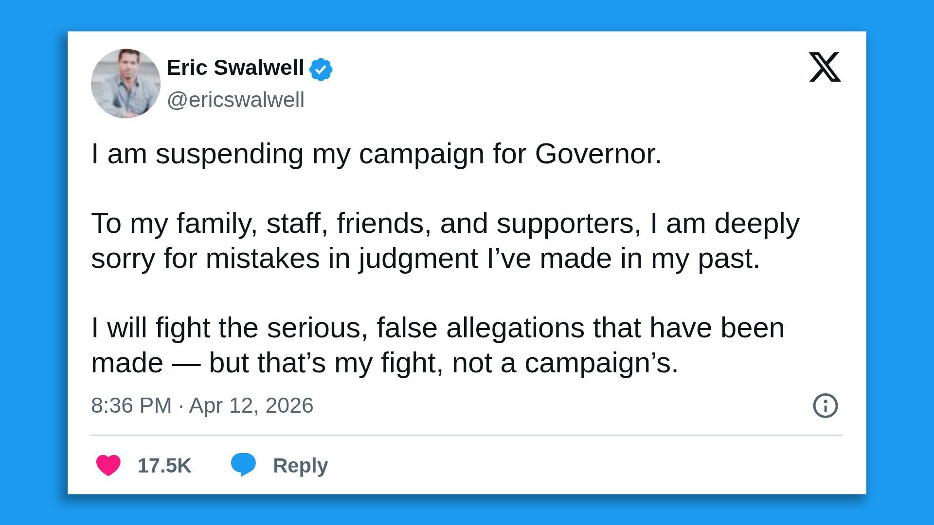 Tweet by Eric Swalwell @ericswalwell announcing suspension of his Governor campaign, apologizing for past judgments, and vowing to fight false allegations; 8:36 PM, Apr 12, 2026; 17.5K likes.