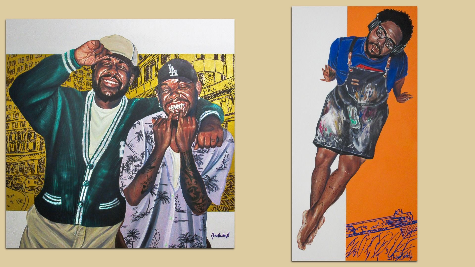 Two paintings of people with striking colorful backgrounds