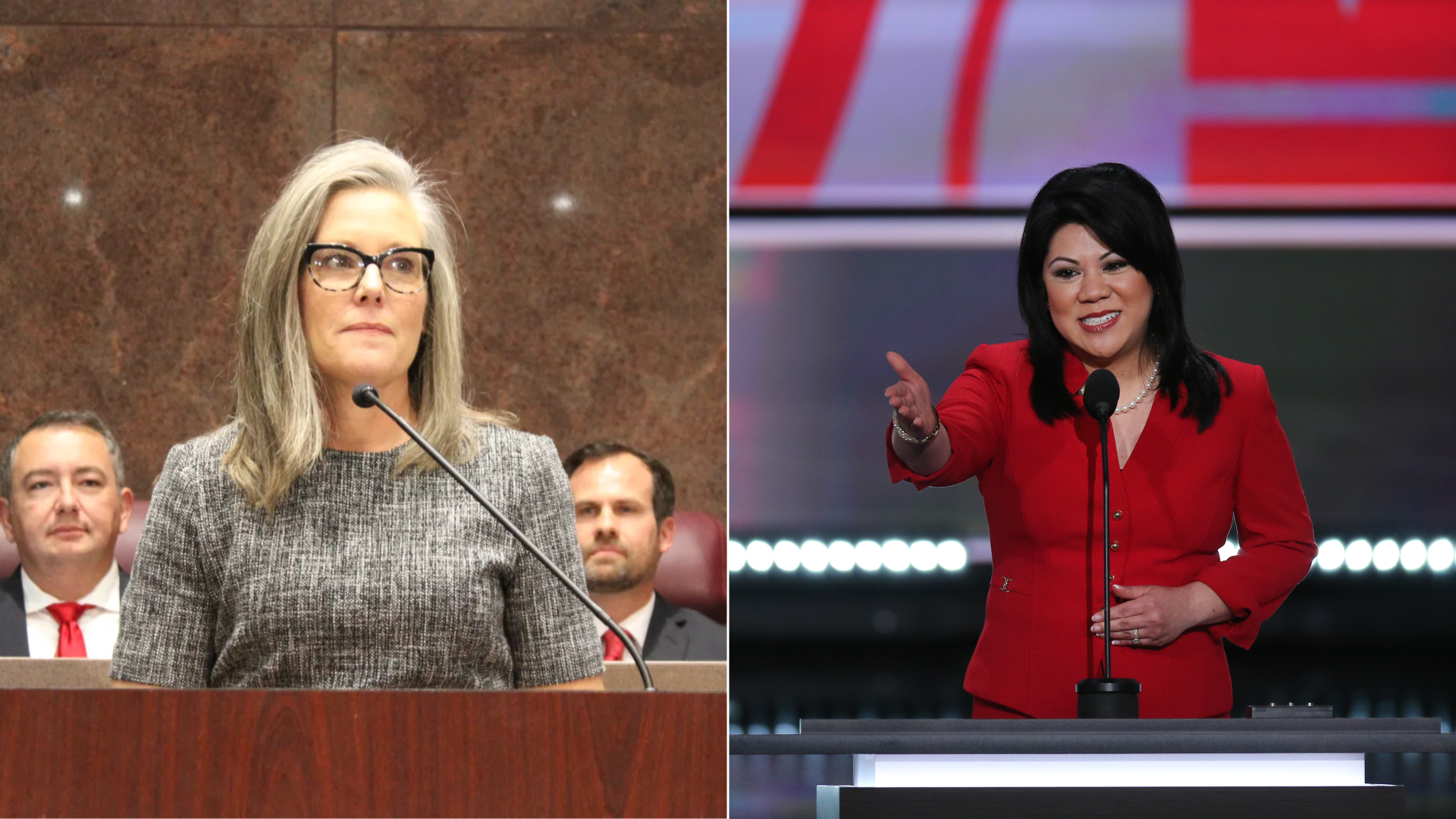 Side by side photos of different women at microphones. 