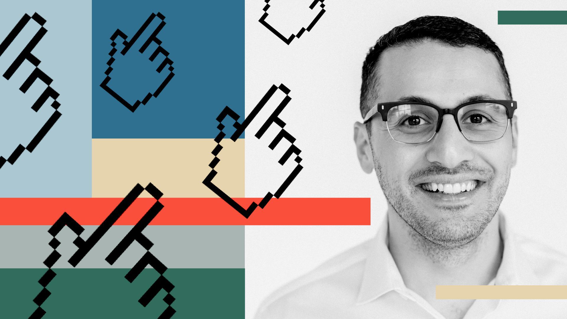 Photo illustration of Fuad Hannon, cursors and abstract shapes.