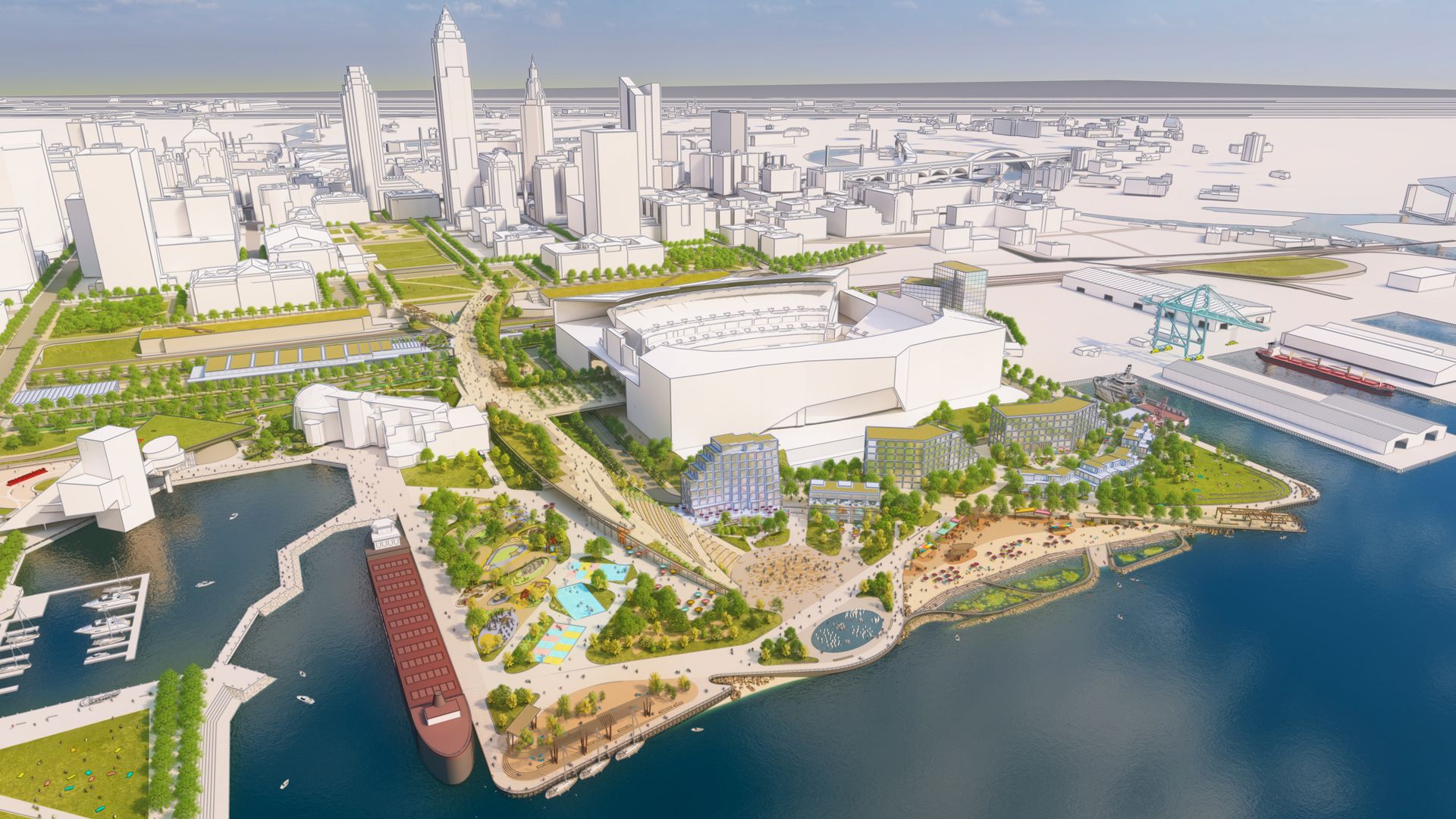 A rendering of the downtown Cleveland lakefront north of the Browns Stadium