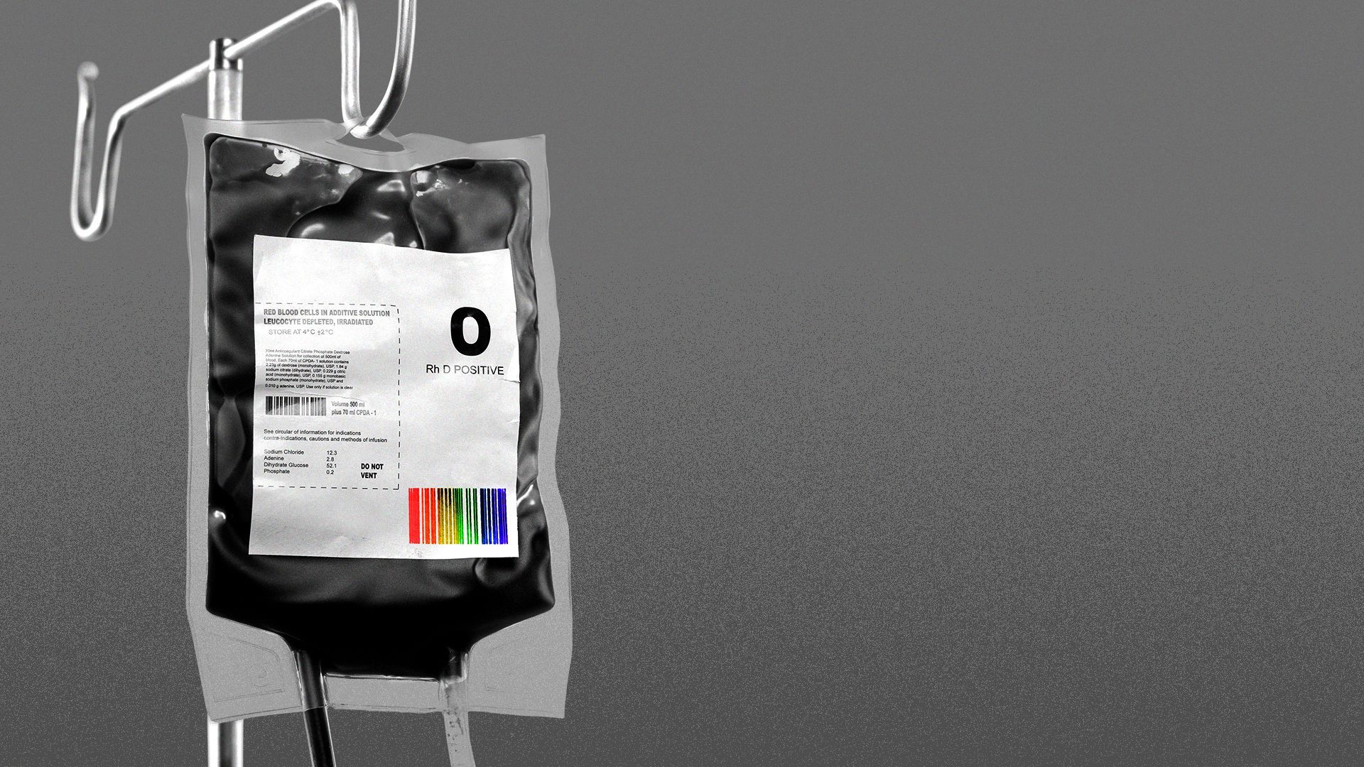 Illustration of a blood bag with a rainbow barcode.