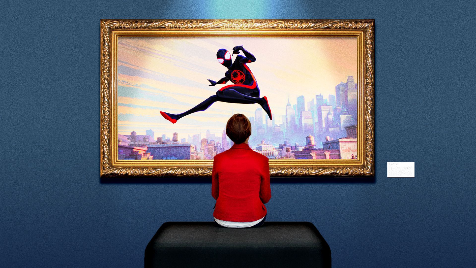 Illustration of a still from Spider-Man: Across the Spider-Verse inside a museum frame. 