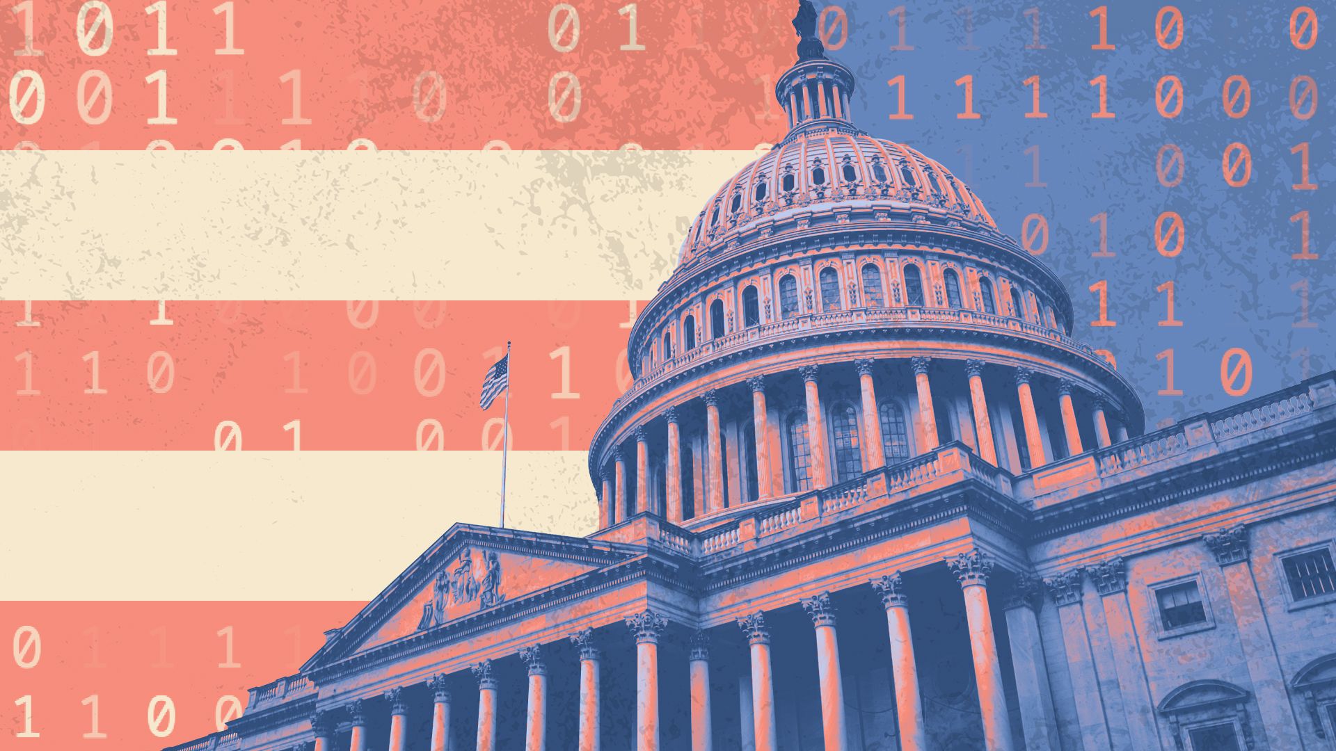 Illustration of the U.S. Capitol Building with binary code and stripes in reference to the flag behind it