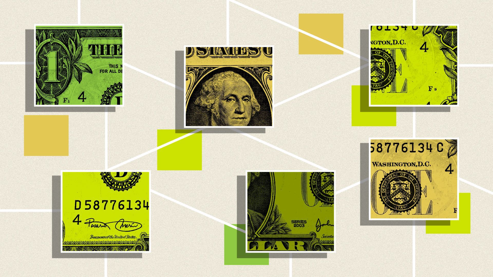 Illustration of a dollar bill broken up into various connected squares