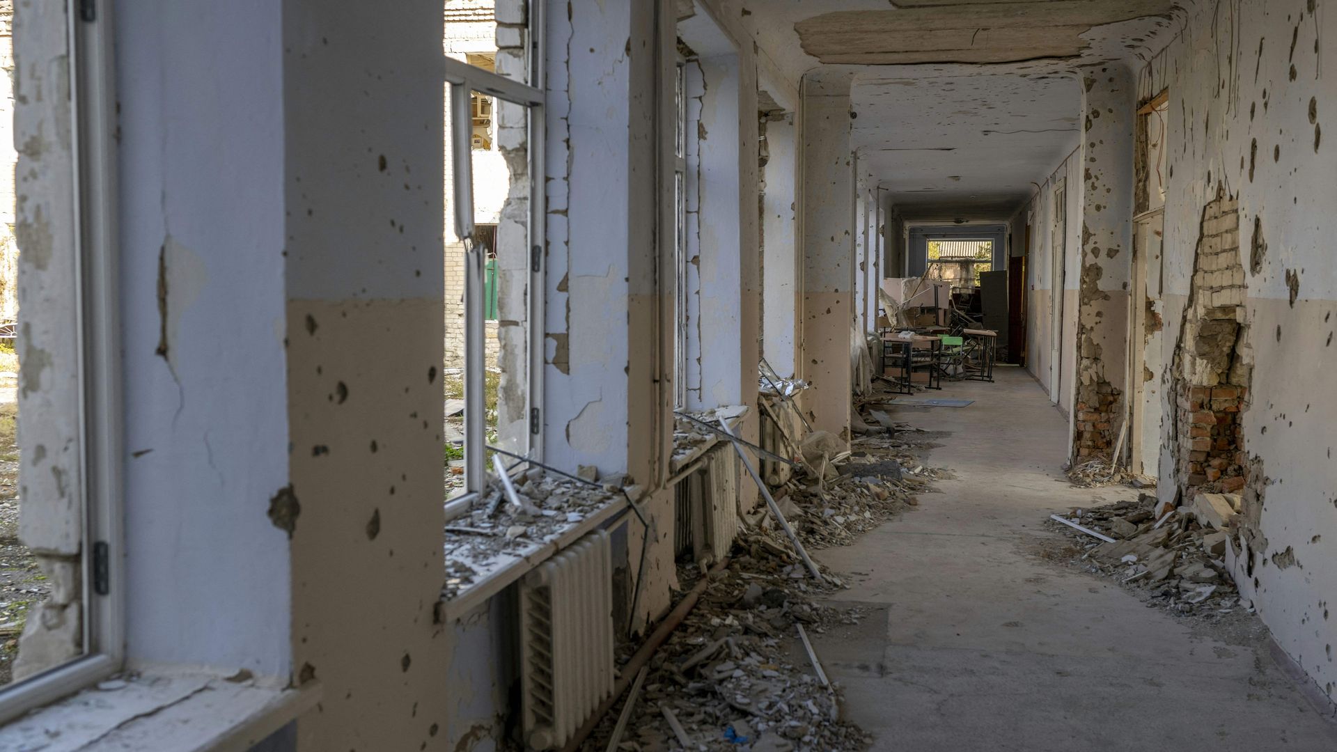 This photograph shows a school corridor in the Kherson region village of Arkhanhelske.