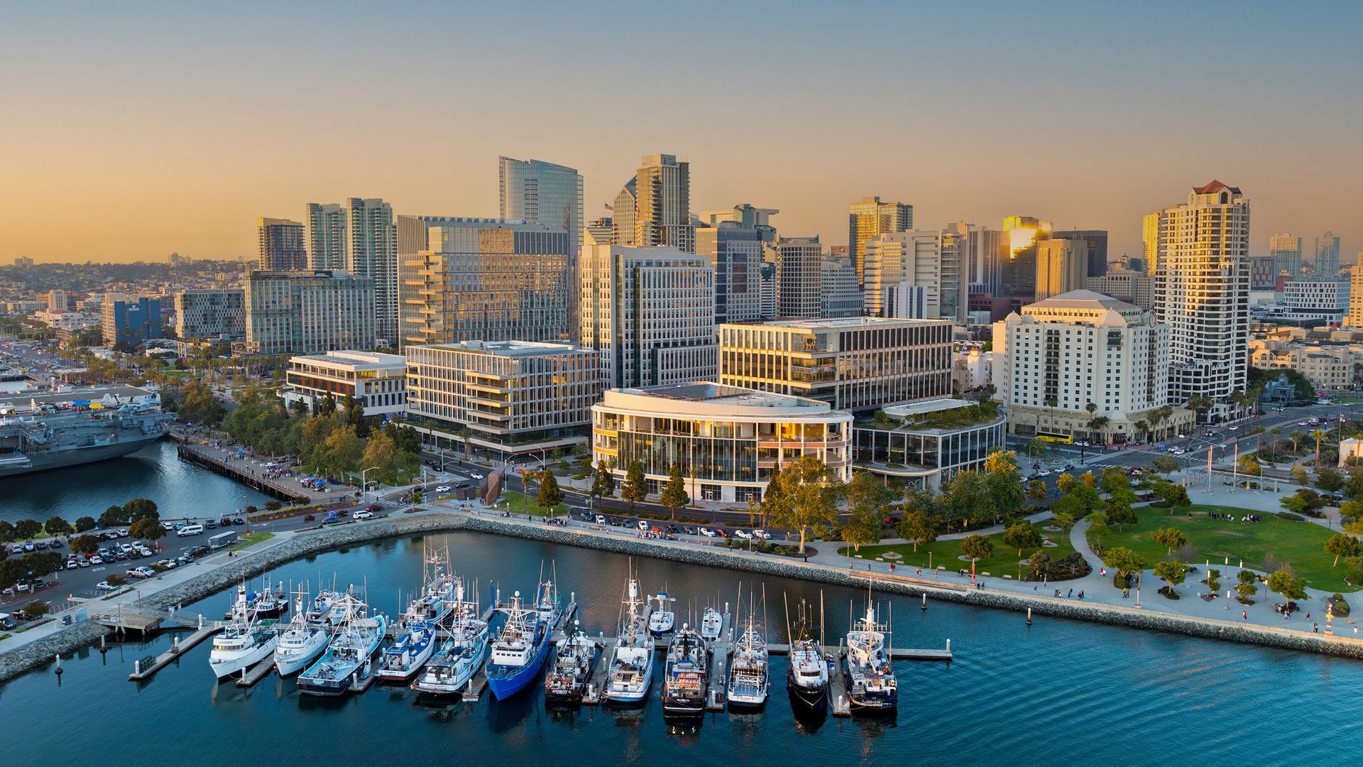A view of the downtown San Diego skyline from the San Diego Bay, with IQHQ's RaDD project on the waterfront