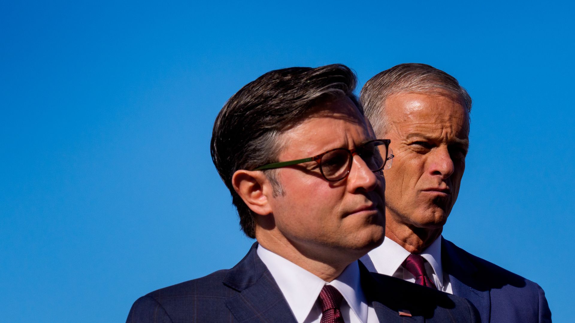 House Speaker Mike Johnson and Senate Majority Leader John Thune at a news conference on the Upper West Terrace of the U.S. Capitol on Oct. 1, 2025.