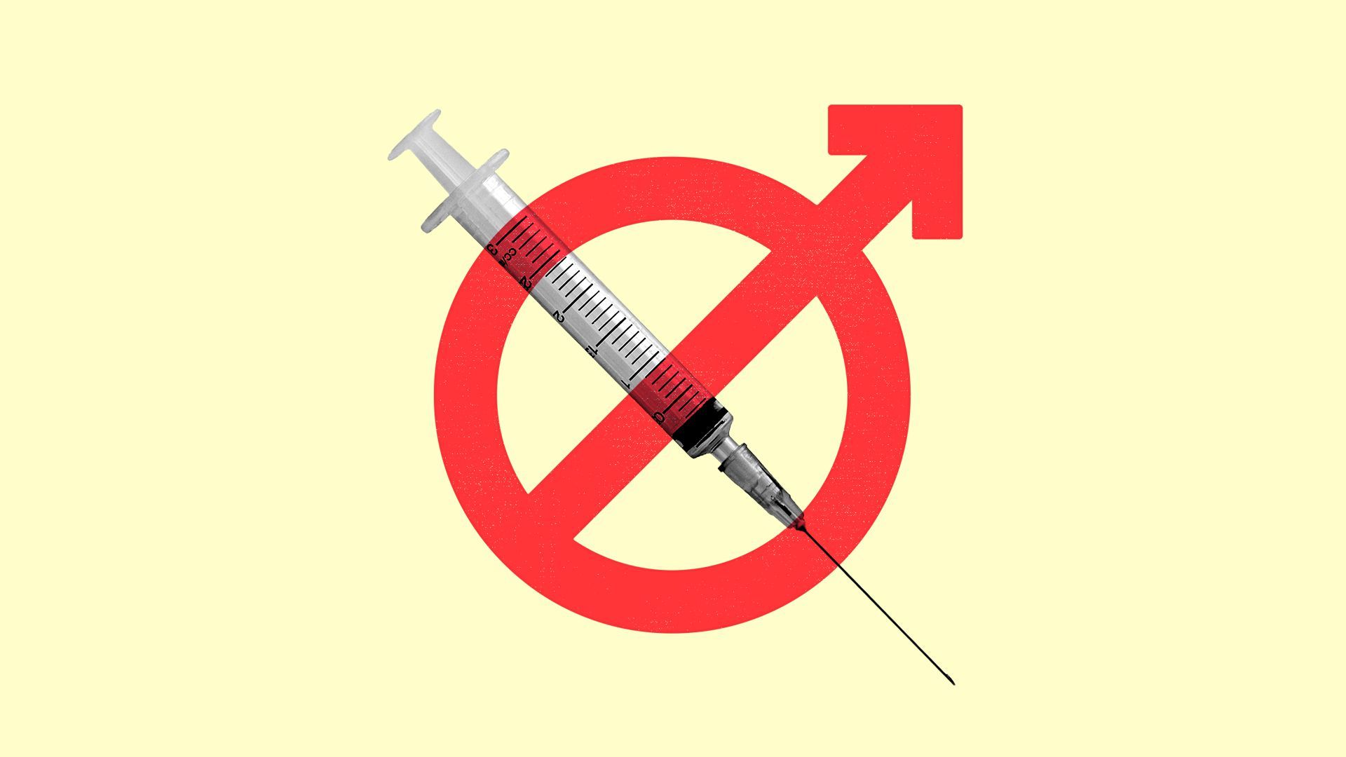 Illustration of a syringe with a combination no smoking sign and male symbol over it.