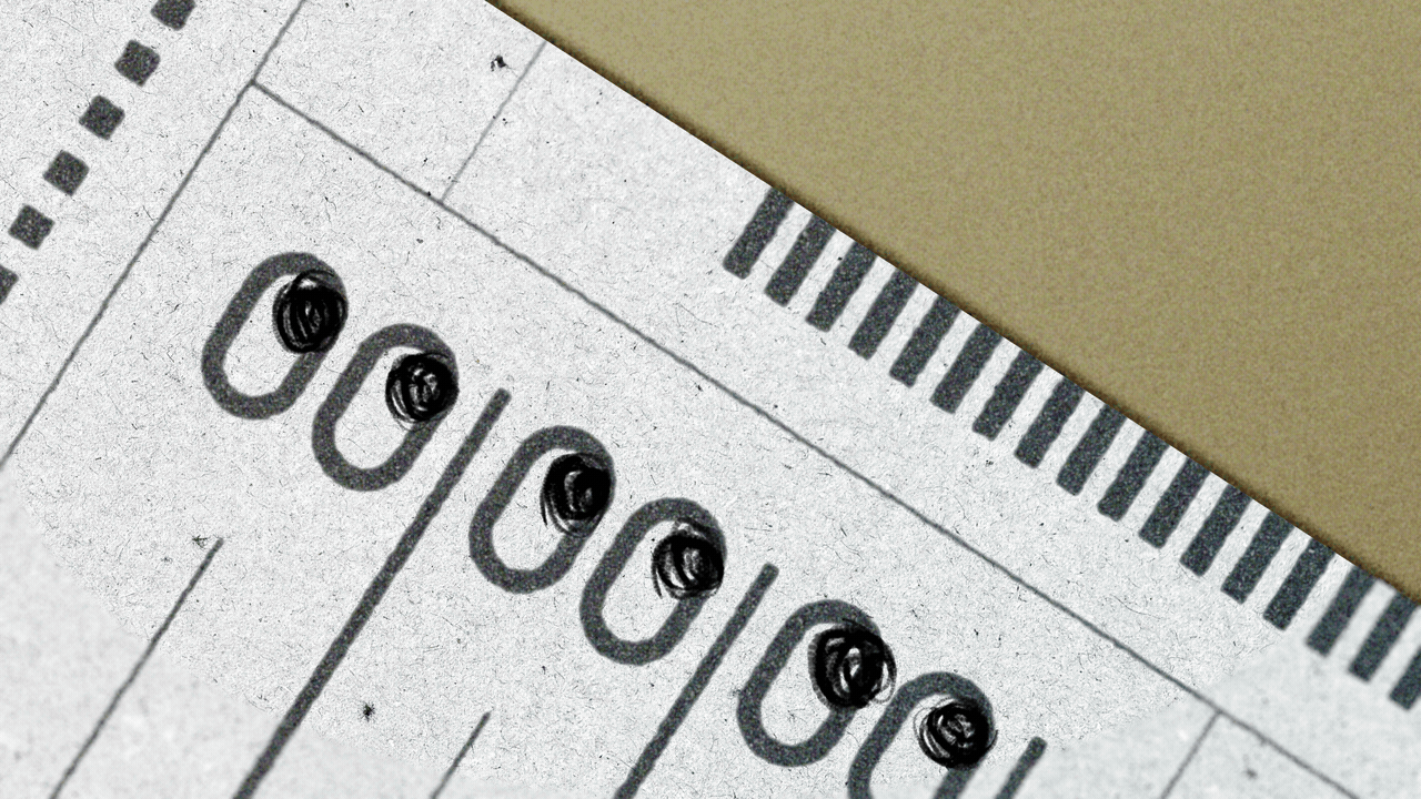 Animated illustration of a ballot, turned on rotated so the pairs of ovals resemble pairs of eyes. The eyes, with pen scribbles for pupils, look around and blink.