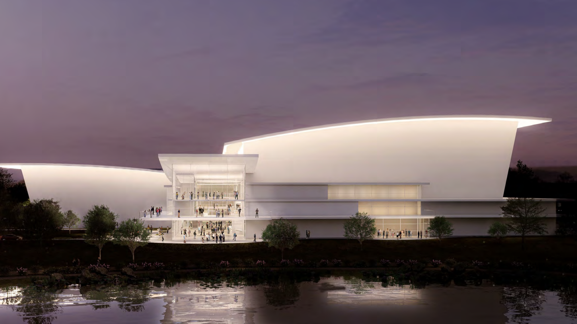 Rendering of a white building in front of a body of water in the evening