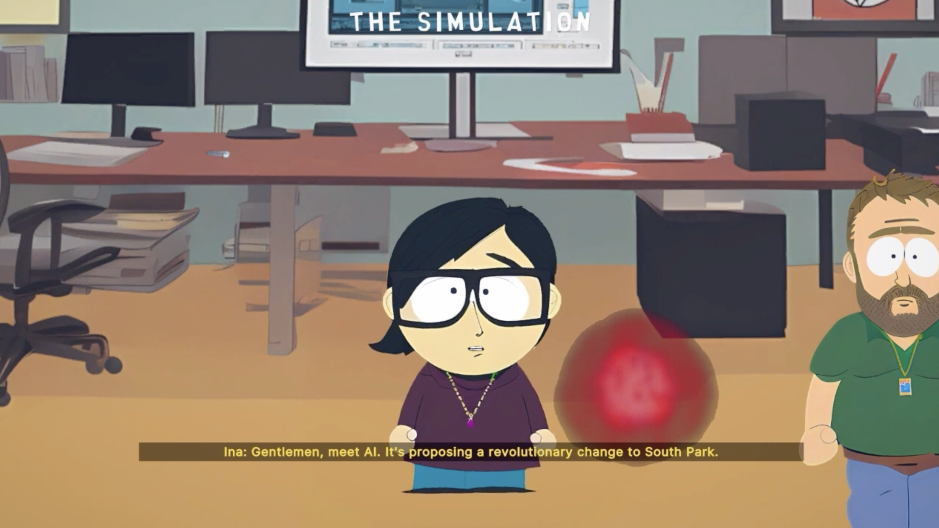 A screenshot from a Showrunner AI-created South Park episode featuring Axios' Ina Fried