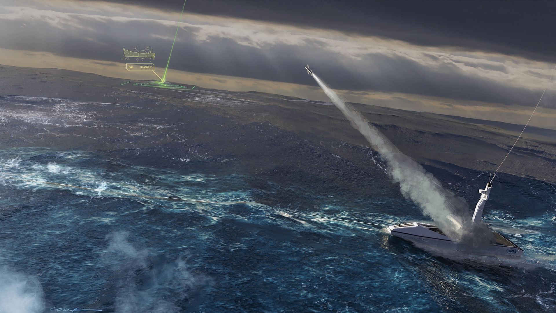 DARPA-branded artwork depicting an autonomous boat launching a missile over dark, choppy ocean waters under a cloudy sky with a green digital targeting overlay on the horizon.