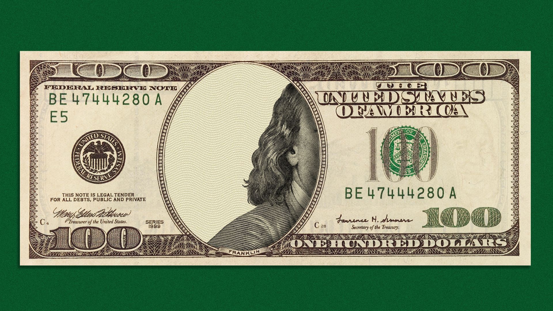 Illustration of Benjamin Franklin exiting the frame of the one hundred dollar bill.