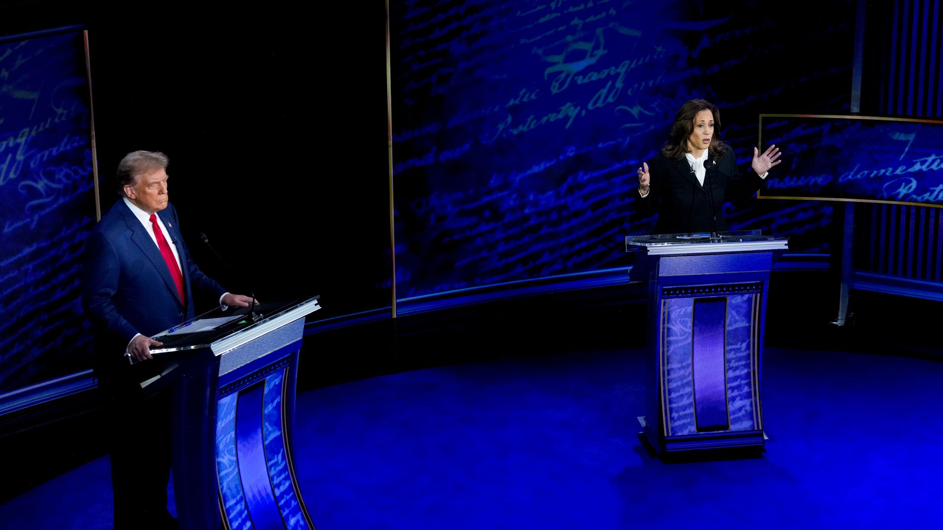 US Vice President Kamala Harris, right, and former US President Donald Trump during the second presidential debate at the Pennsylvania Convention Center.