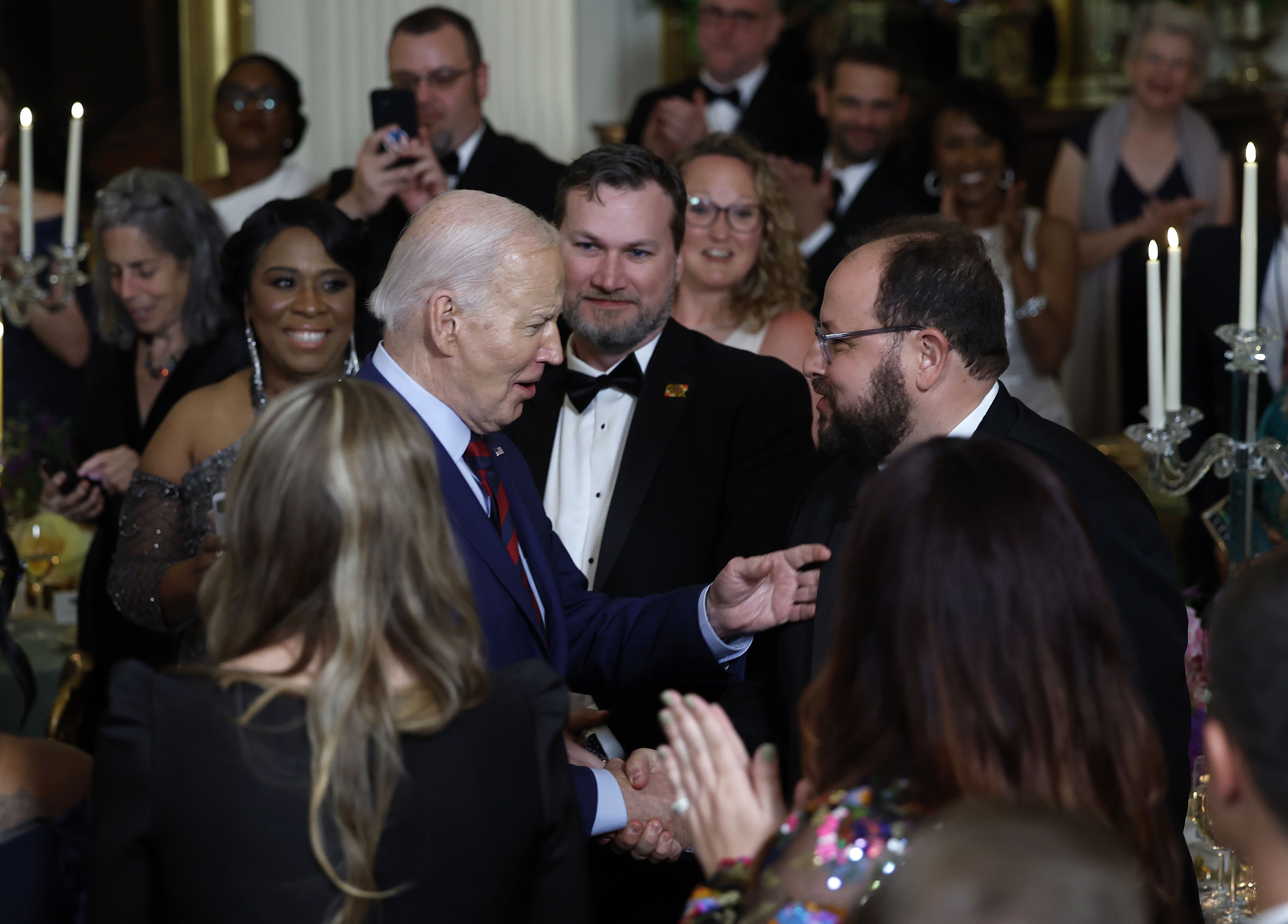 President Joe Biden greets attendees during the "Teachers of the Year" State Dinner at the White House on May 02, 2024 in Washington, DC. President Biden and first lady Jill Biden invited more than 50 educators to the White House to recognize them for their commitment to students, hosting the 2024 national and state teachers of the year. 