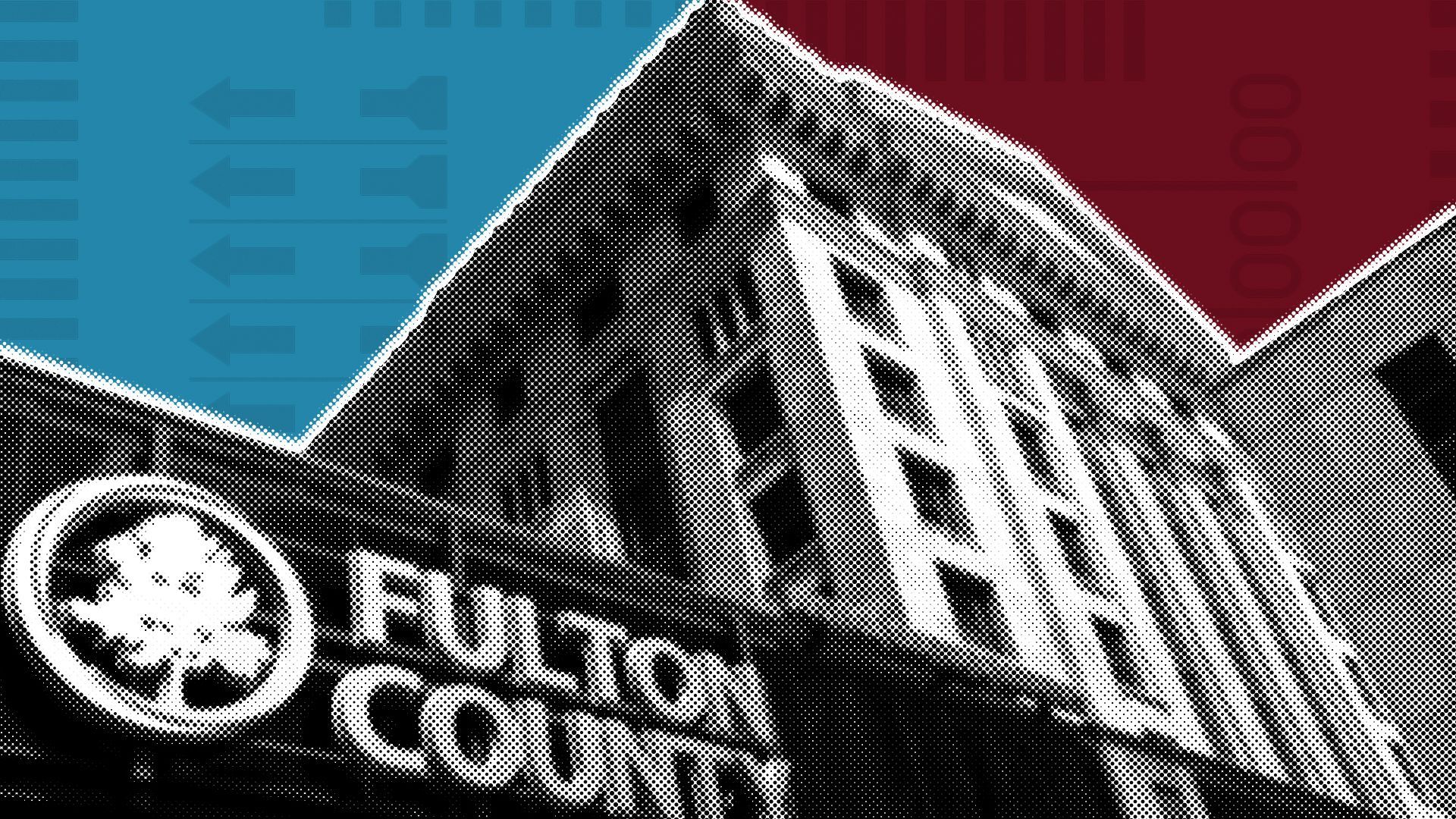 Illustration of the Fulton County Courthouse dividing a blue and red background with elements of ballots.