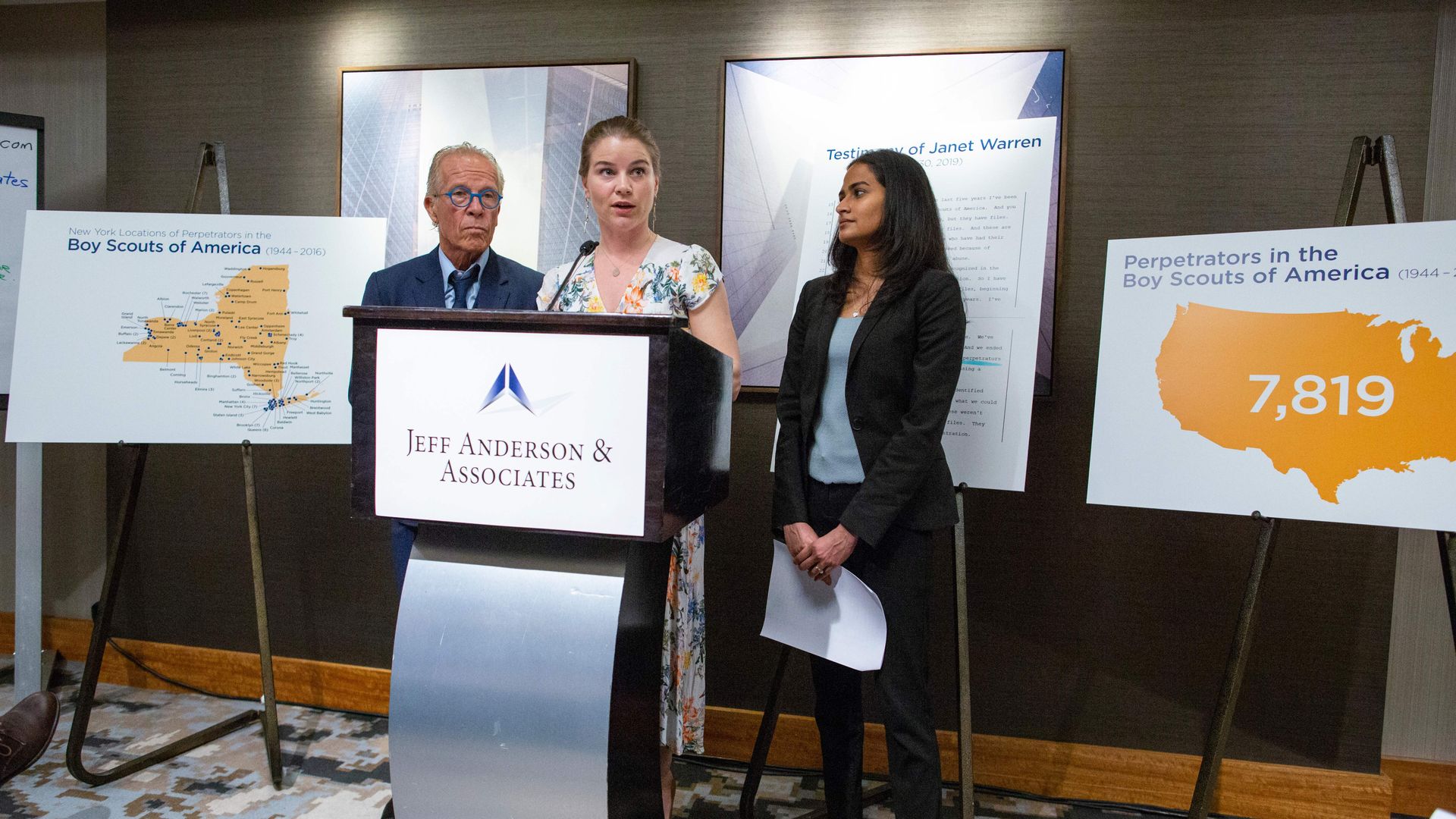 Victims' rights Attorney Jeff Anderson, Bridie Farrell, a survivor of abuse and co-founder of NY Loves Kids, and attorney Trusha Goffe. 