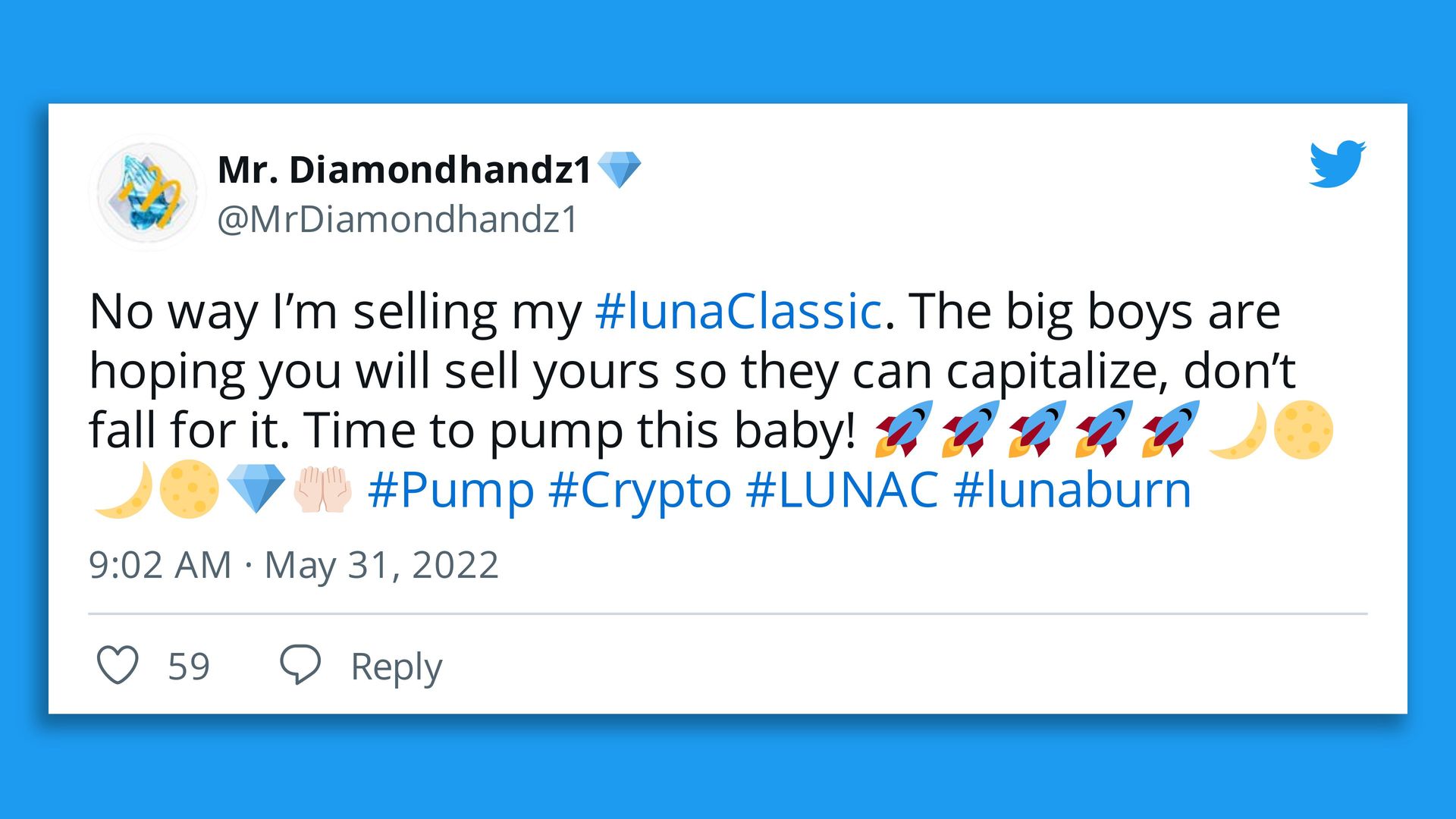 Tweet about holding on to the original luna token, now lunc for Luna Classic