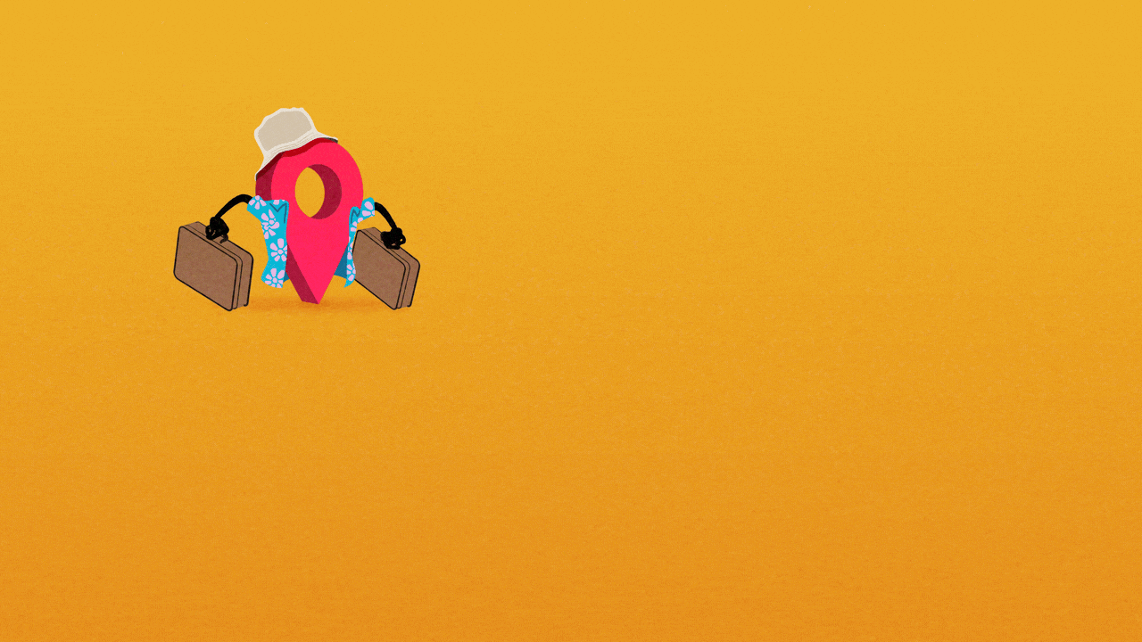 Animated illustration of a map pin icon with arms wearing a Hawaiian shirt and a bucket hat, carrying a suitcase in each hand. It moves along a zigzagging route, leaving a dotted line behind it, then backs up closer to its start and drops the suitcases.