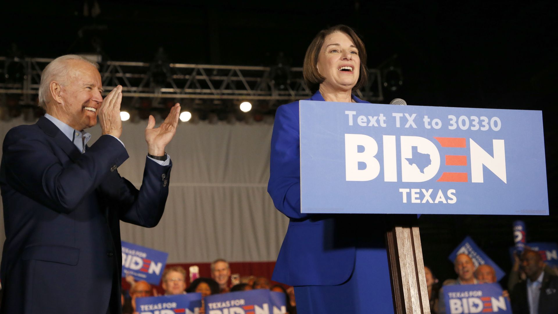 Democratic presidential candidate former Vice President Joe Biden is joined on stage by Sen. Amy Klobuchar (D-MN) during a campaign event on March 2, 2020 in Dallas, Texas