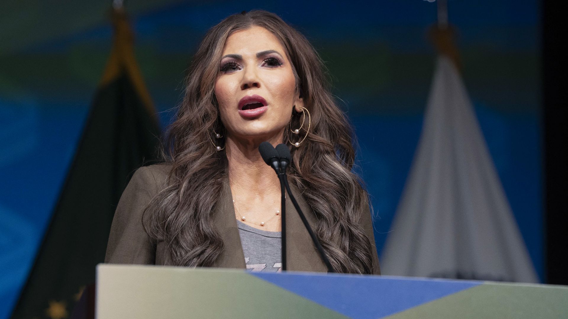 Secretary of Homeland Security Kristi Noem speaks at the Border Security Expo at the Phoenix Convention Center in Phoenix, Arizona, April 8, 2025.
