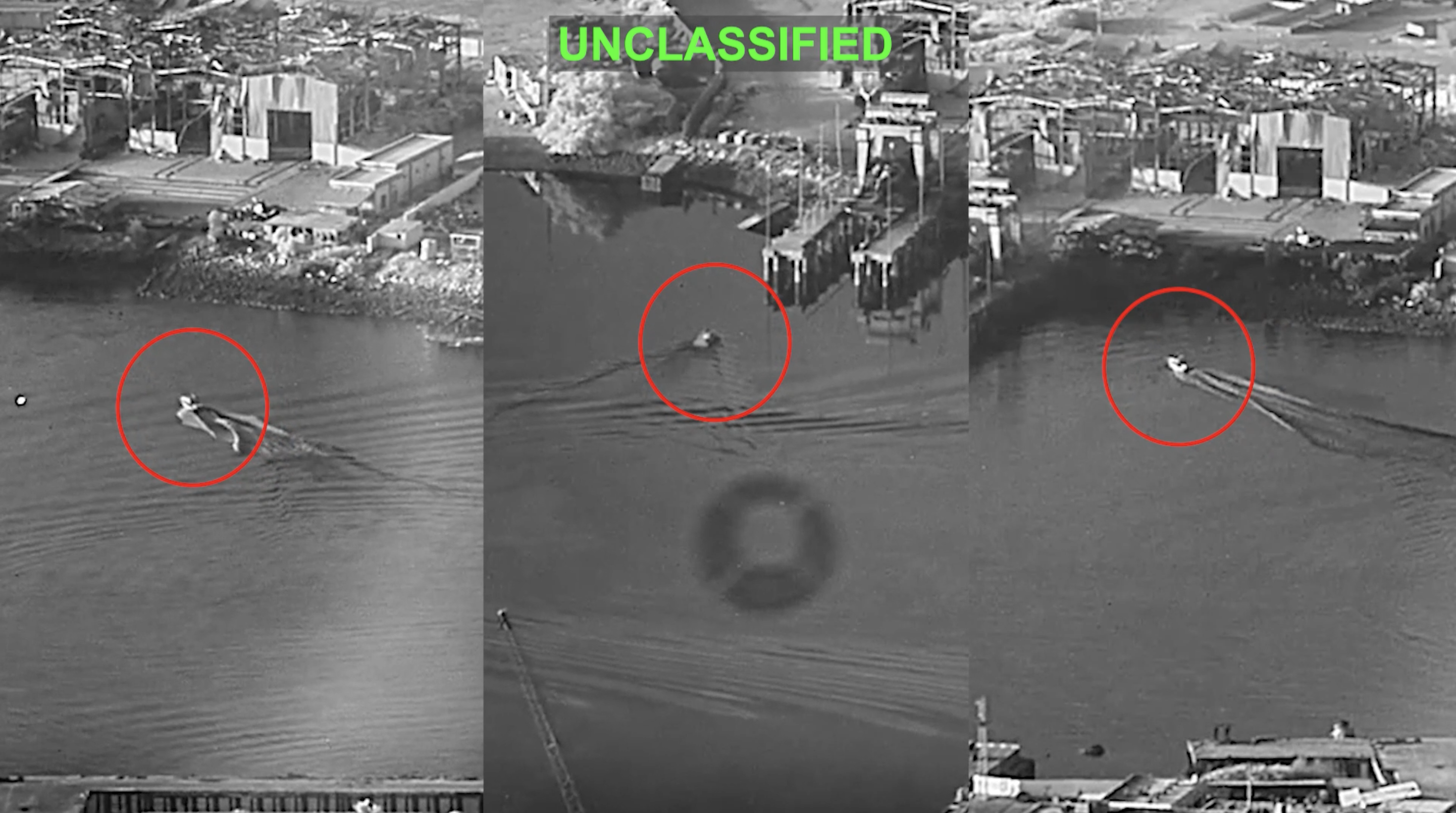 Grayscale aerial riverfront scene with buildings along the shore; a small motorboat leaves a wake, circled in red in three panels. A bright green "UNCLASSIFIED" label sits at the top.