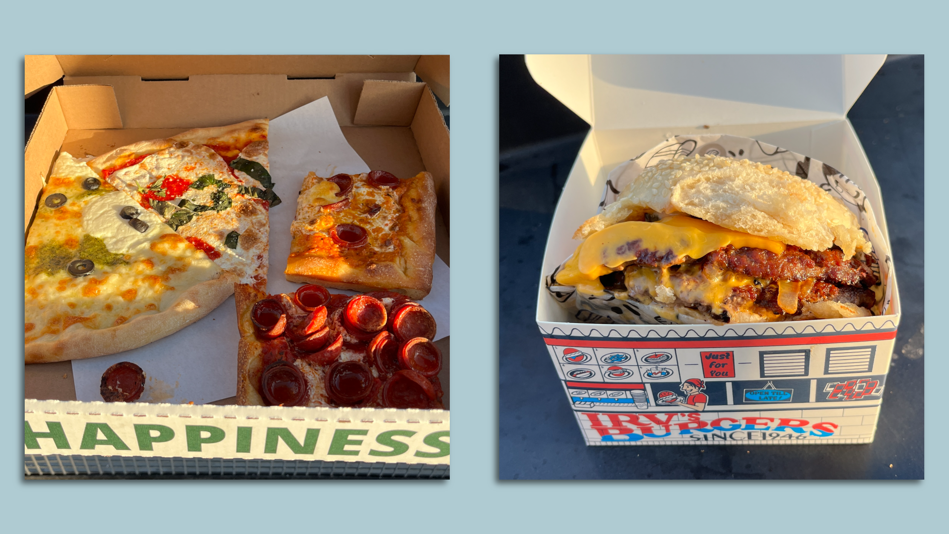 Side by side images of pizza box with assorted slices and a cheeseburger in a to-go container.