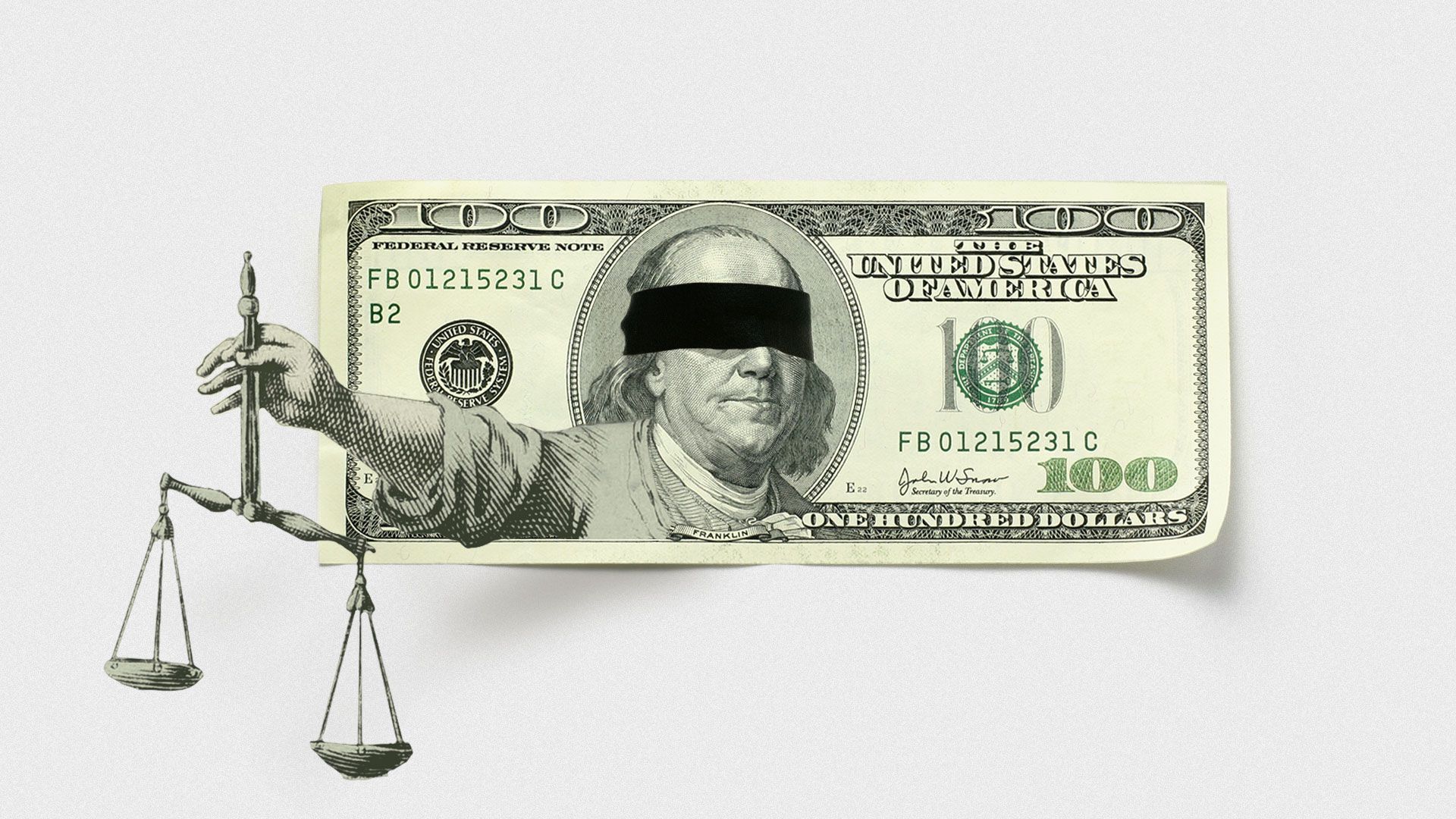 Illustration of a one hundred dollar bill with Benjamin Franklin blindfolded holding out the scales of justice.