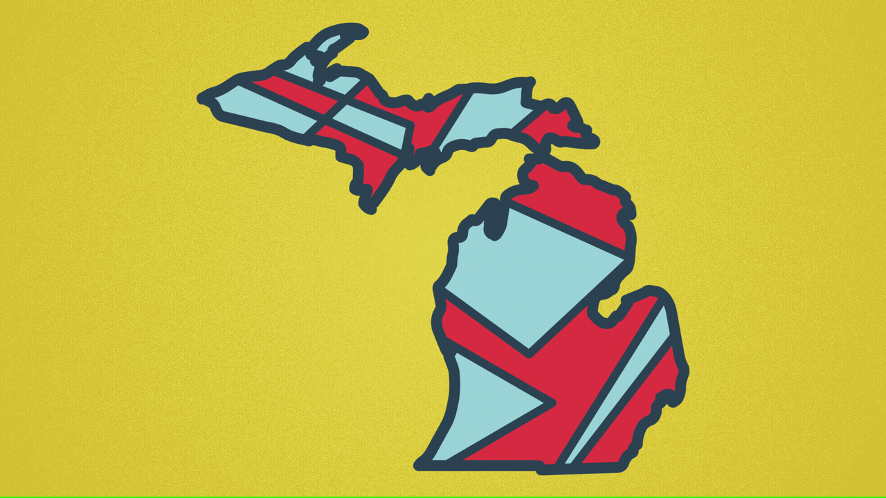 Animated illustration of Michigan with red and blue districts in it changing shape.
