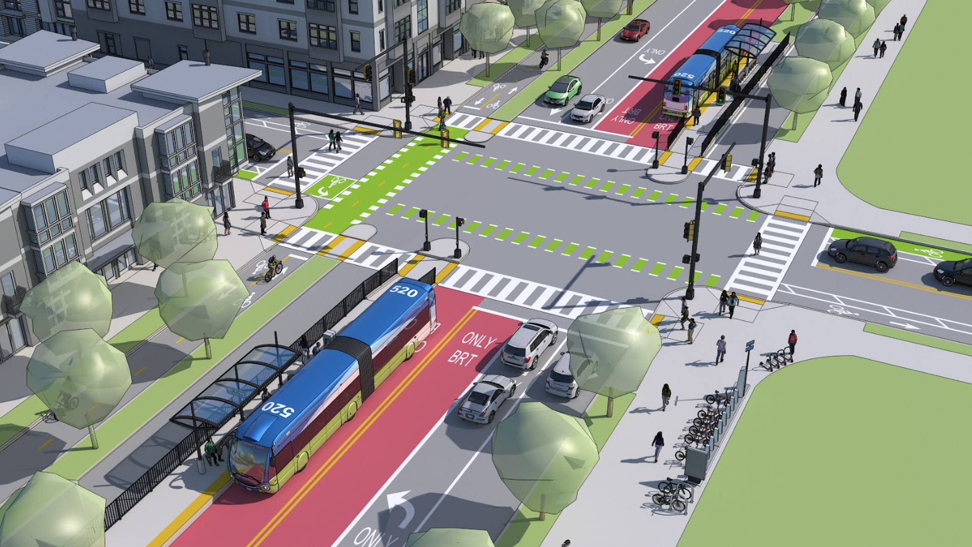 A rendering of an improved intersection with bus lanes as part of the LinkUs plan. 