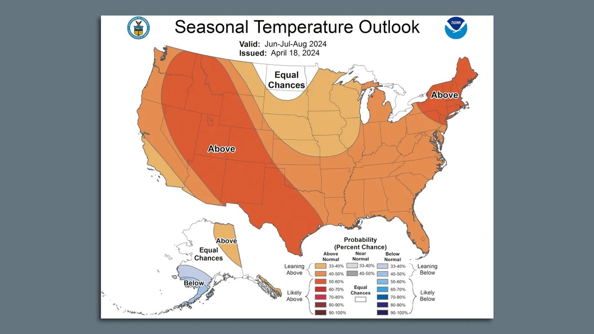 A map of above average summer weather predicted in the Lower 48