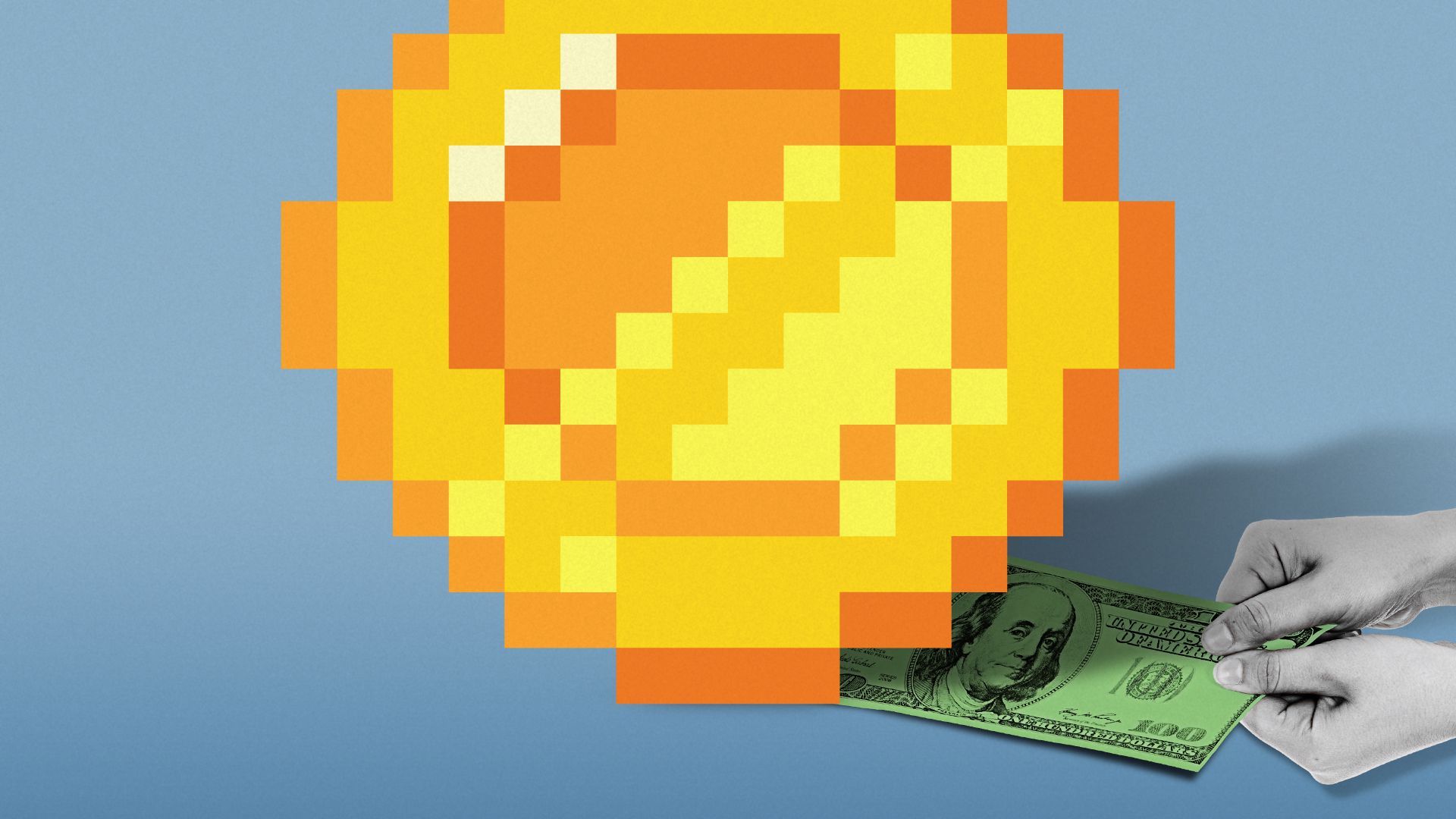 Illustration of hands trying to pull a one hundred dollar bill out from under a large pixelated coin.