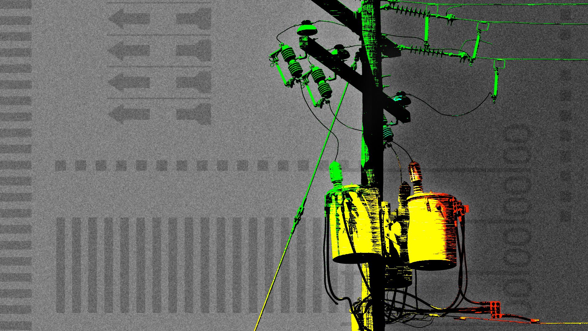 Photo illustration of a glowing utility pole and wires rendered in primary colors and a static pattern over a divided grayscale background with elements of ballots.
