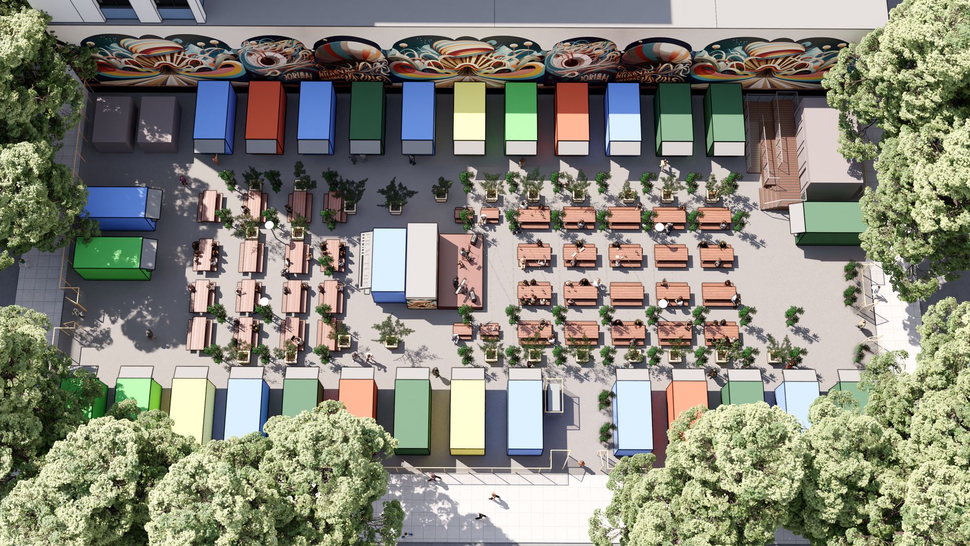 An artists rendering of a future food card pod from an arial view, with chairs and tables on a plaza lined by food trucks with colorful roofs and edged by trees.