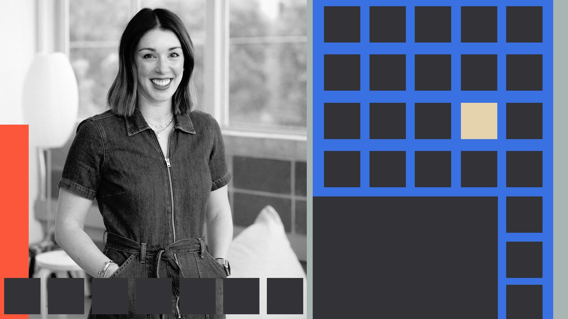 Photo illustration of Becky Sosnov surrounded by abstract squares and lines. 