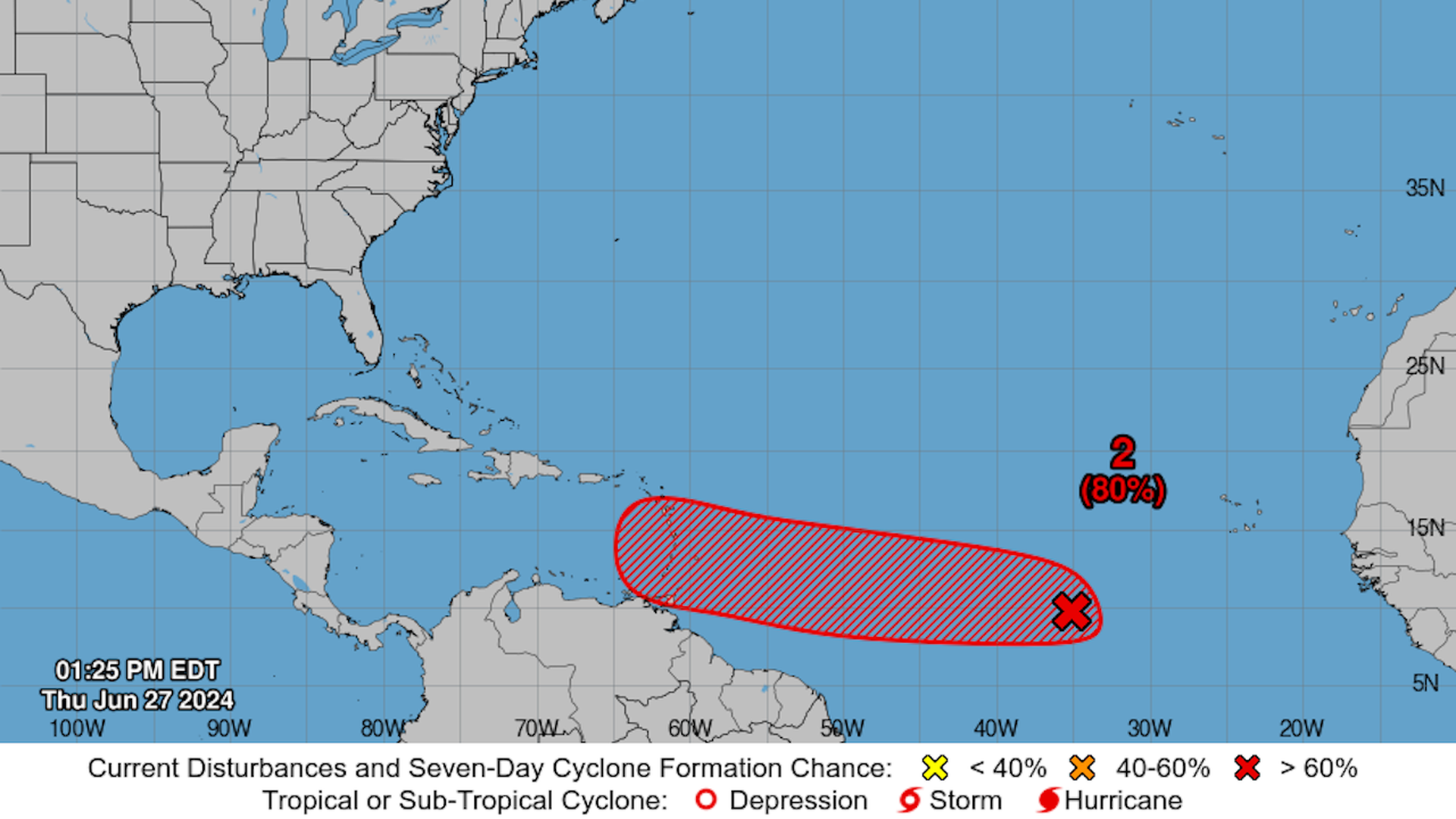 Map showing the odds of tropical depression or storm development within seven days.