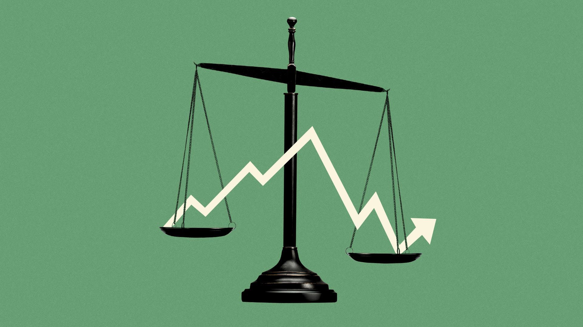 Illustration of scales of justice holding a line graph.