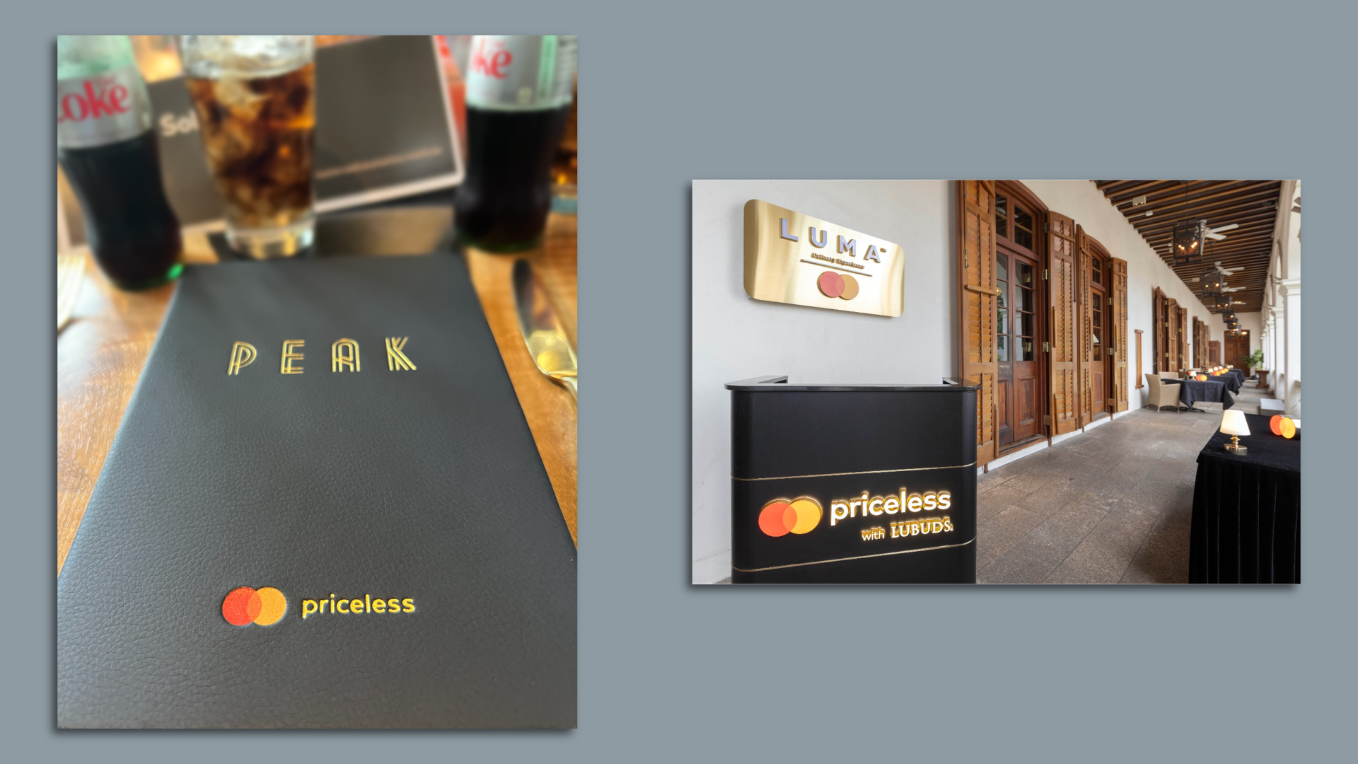 At left, the menu of a Mastercard-owned restaurant; at right, the exterior of a Mastercard-owned restaurant.