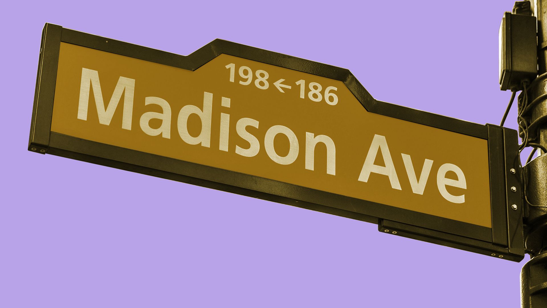 Brown street sign with white text reading "Madison Ave" with directional numbers 198 and 186, attached to a pole against a purple sky background.