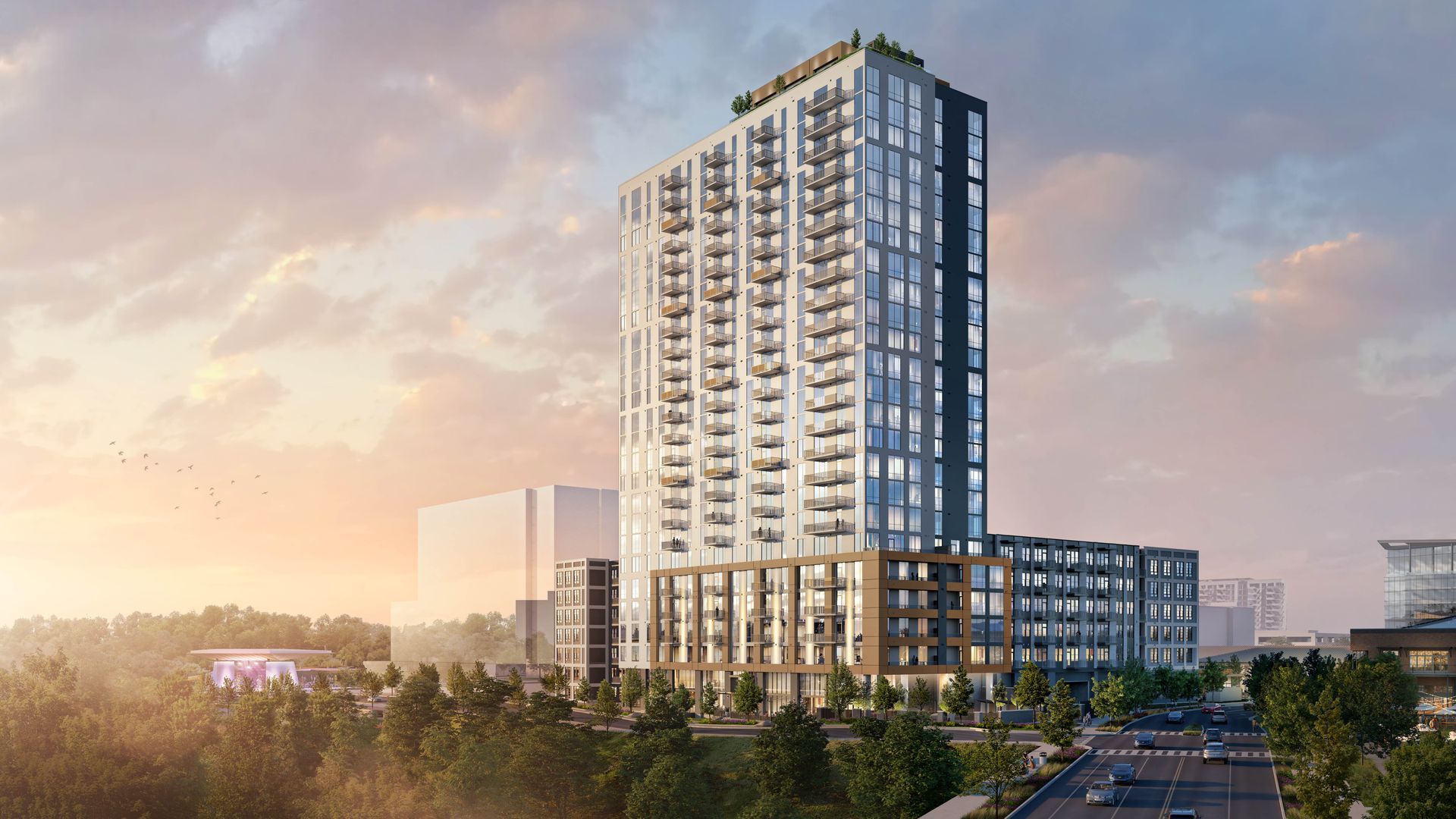Rendering of an apartment tower exterior