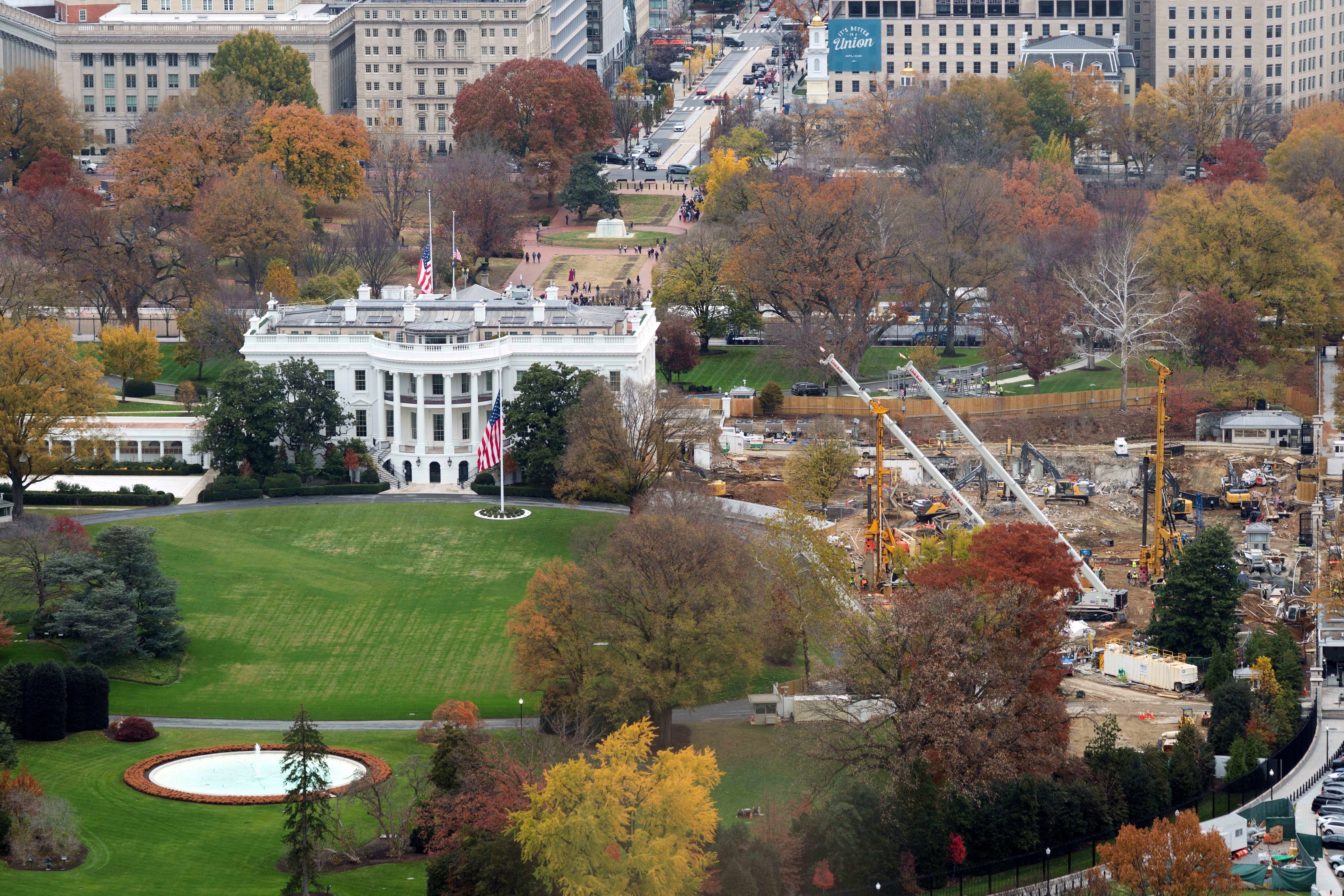 New pictures taken yesterday from the Washington Monument show construction of the new White House ballroom where the East Wing once stood.