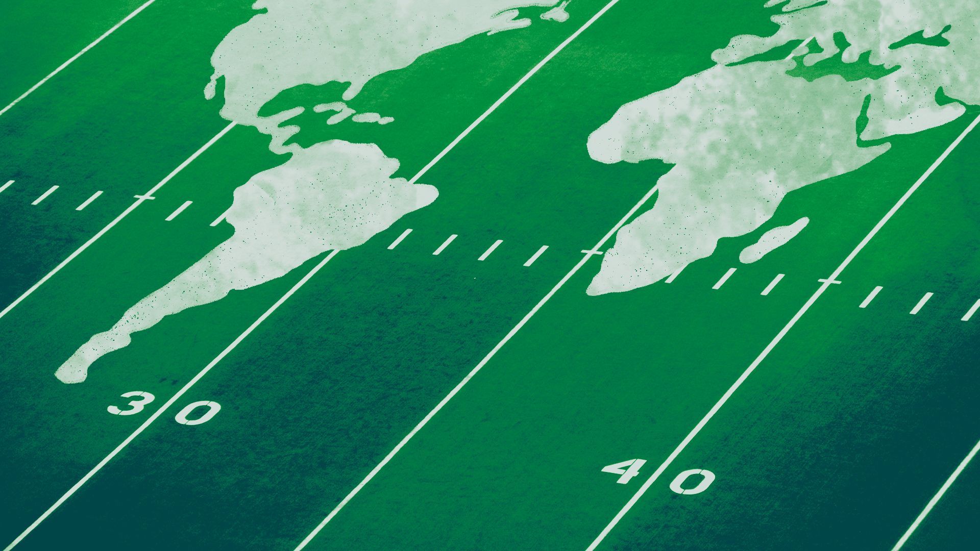 Illustration of an American football field with a map of the world included in the yardage lines.