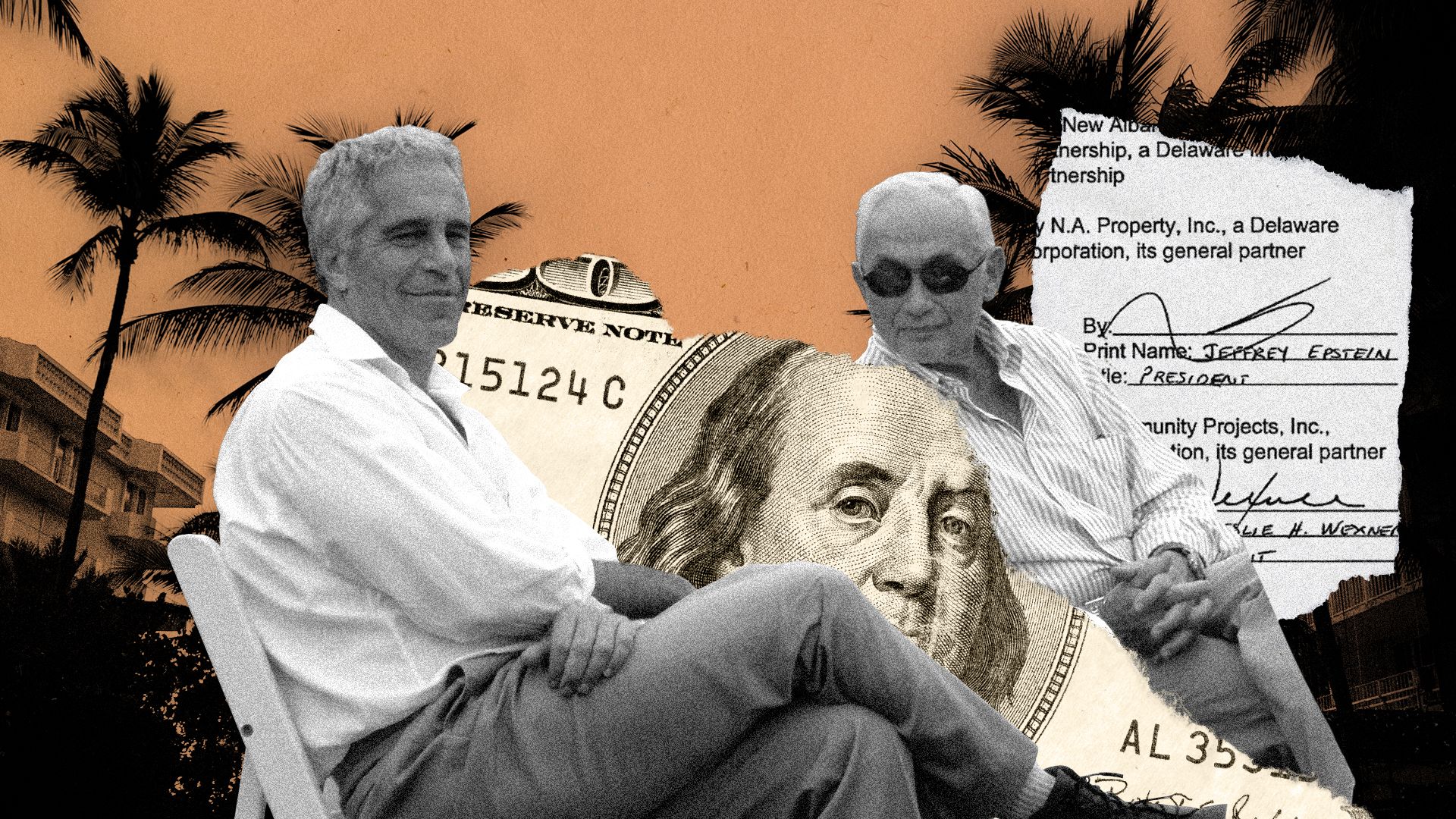 Photo illustration of Les Wexner, Jeffrey Epstein, money, and business paperwork in front of palm trees.