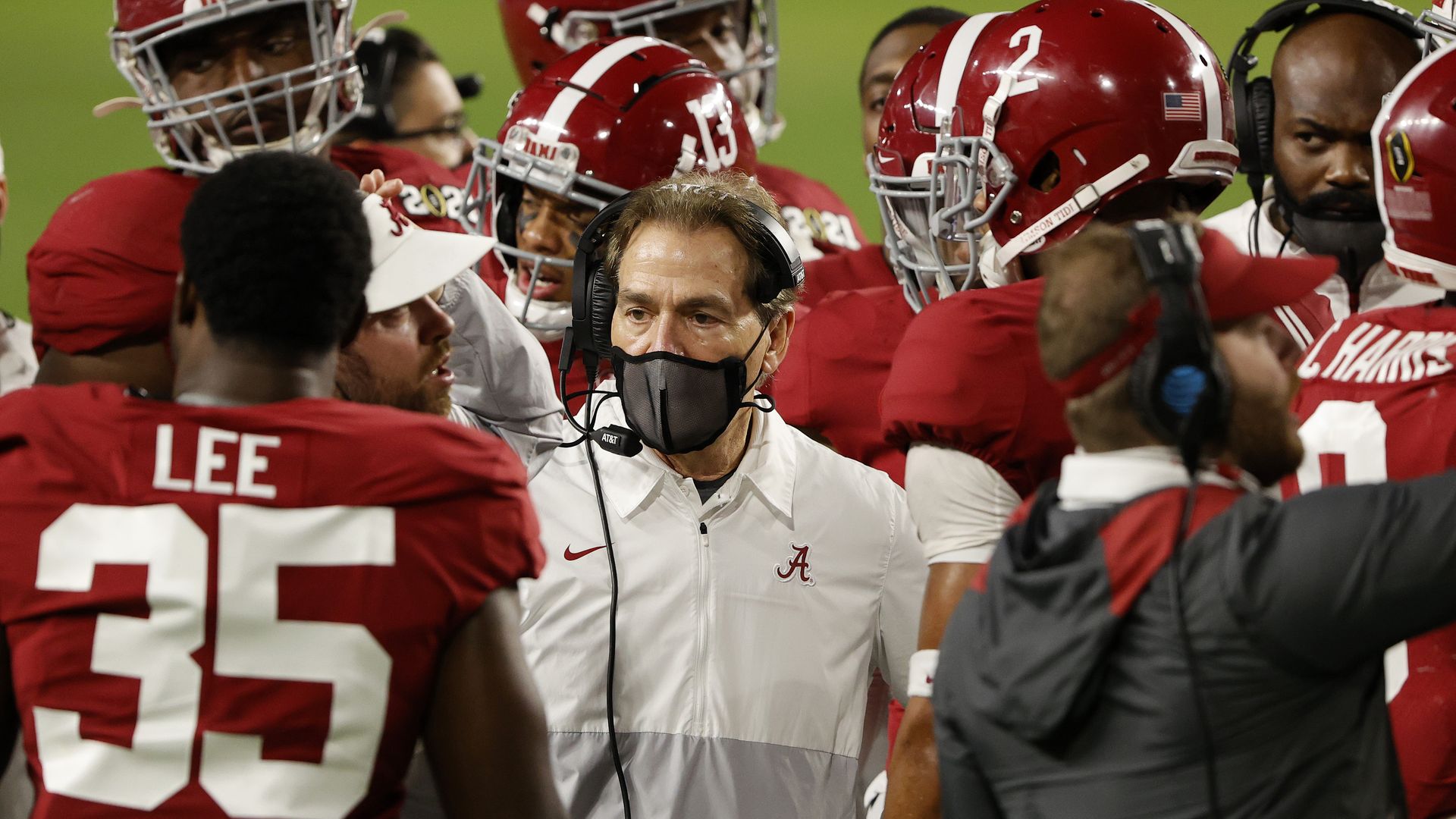 Head coach Nick Saban of the Alabama Crimson Tide speaks to his team during the CFP National Championship