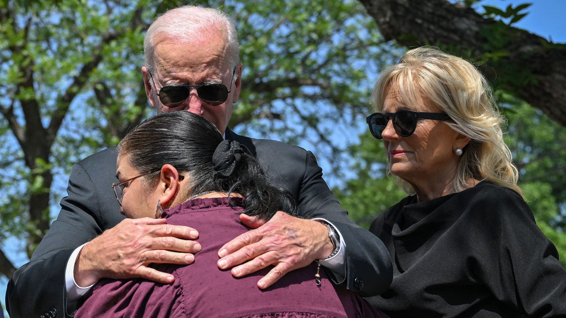 President Joe Biden embraces Mandy Gutierrez, the Priciple of Robb Elementary School, as he and First Lady Jill Biden pay their in Uvalde, Texas on May 29.