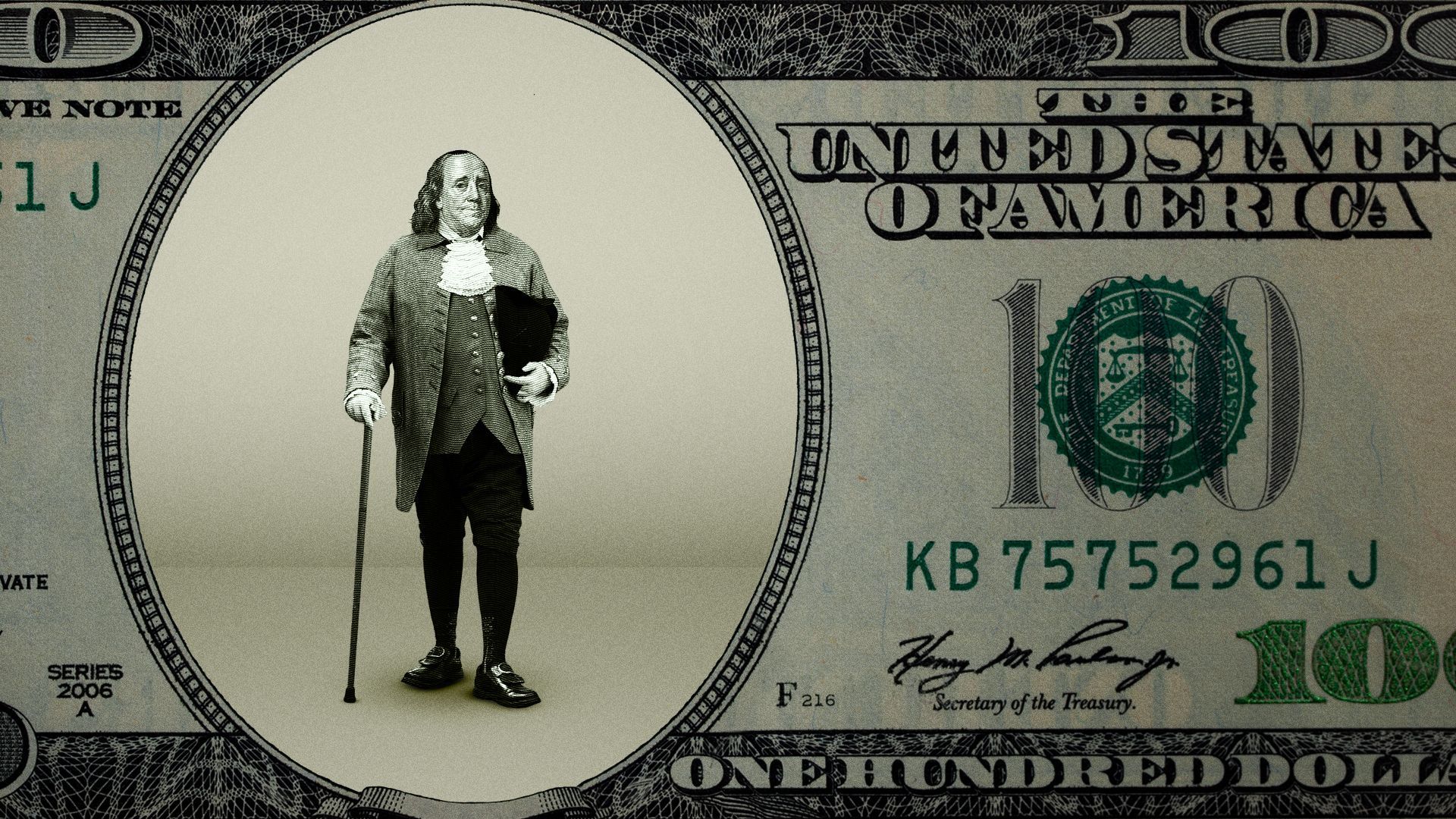 Illustration of a very small Benjamin Franklin on the dollar looking worried.