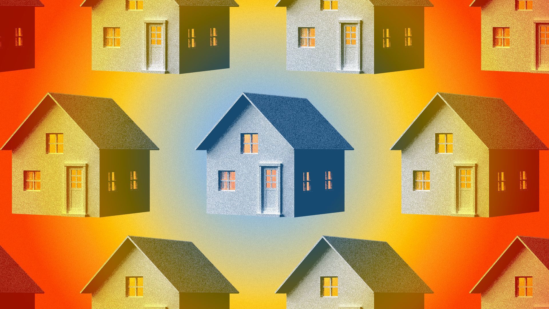 Illustration of a repeating pattern of houses with the center house radiating a blue gradient.